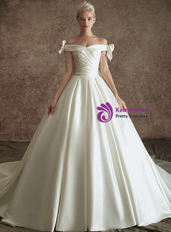 Trendy White Ball Gown Satin Off the Shoulder Wedding Dress With Bow