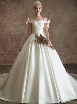 Trendy White Ball Gown Satin Off the Shoulder Wedding Dress With Bow