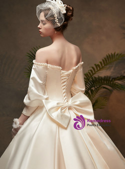 Elegance White Satin Off the Shoulder Puff Sleeve Wedding Dress With Bow