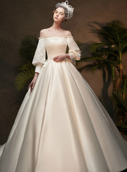 Elegance White Satin Off the Shoulder Puff Sleeve Wedding Dress With Bow