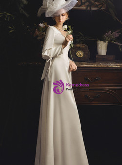 Exquisite White Satin V-neck Long Sleeve Backless Wedding Dress With Bow