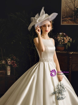 New arrivals White Satin Appliques Bateau With Beading Wedding Dress