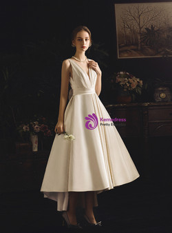 Best Beige White Satin V-neck Hi Lo Backless Wedding Dress With Bow