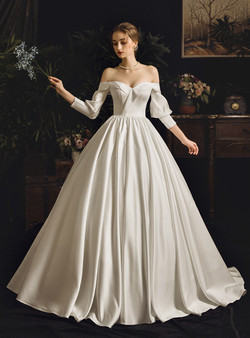 Princess White Ball Gown Satin Off the Shoulder Long Sleeve Wedding Dress