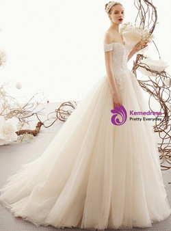 Advanced Champagne Tulle Appliques Corset Off the Shoulder Wedding Dress