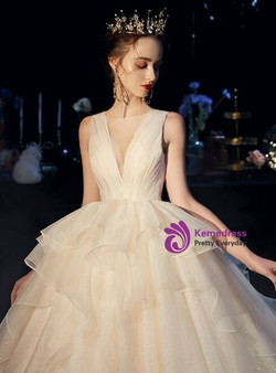 Fantastic Champagne Tulle See Through V-neck Backless Wedding Dress