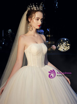Fairy Tale Champagne Ball Gown Strapless Corset Tulle Sleeveless Wedding Dress