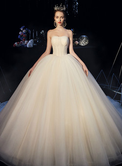 Fairy Tale Champagne Ball Gown Strapless Corset Tulle Sleeveless Wedding Dress