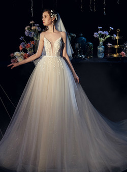 Ivory White Tulle Spaghetti Straps Appliques Sleeveless Wedding Dress