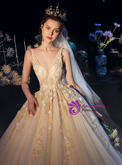 Champagne Ball Gown Tulle Flower Beading V-neck Backless Wedding Dress