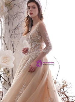 Brilliant Champagne Bateau Appliques Long Sleeve Wedding Dress With Beading