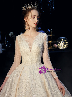 Glamorous Champagne Ball Gown Sequins Tulle Long Sleeve Wedding Dress