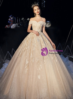 Fashion Champagne Tulle Sequins Off the Shoulder Appliques Wedding Dress