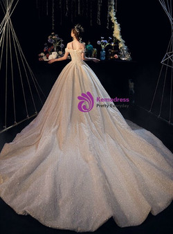 Luxurious Champagne Tulle Lace Off the Shoulder Corset Wedding Dress With Pearls