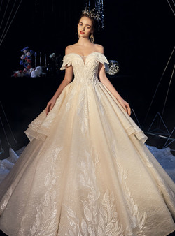 Wonderful Champagne Tulle Lace Appliques Off the Shoulder Beading Wedding Dress With Long Train
