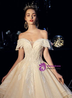 Wonderful Champagne Tulle Lace Appliques Off the Shoulder Beading Wedding Dress With Long Train
