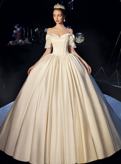 Elegant Beige White Ball Gown Satin Spaghetti Straps Wedding Dress