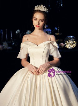 Elegant Beige White Ball Gown Satin Spaghetti Straps Wedding Dress