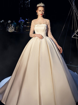 Beige White Ball Gown Satin Long Sleeve Backless Wedding Dress