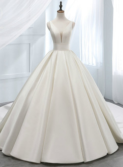Stylish White Ball Gown Satin Deep V-neck Backless Wedding Dress