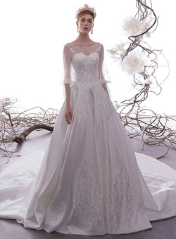 White Ball Gown Satin Puff Sleeve Appliques Beading Backless Wedding Dress