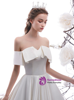 Simple White Ball Gown Satin Off the Shoulder Wedding Dress With Train