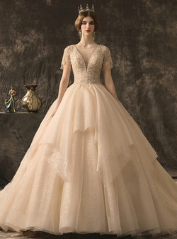 Princess Champagne Ball Gown V-neck Short Sleeve Tulle Sequins Wedding Dress With Beading