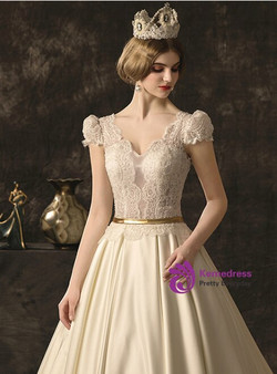 Fashionable Ivory White Ball Gown Satin Lace V-neck Cap Sleeve Wedding Dress