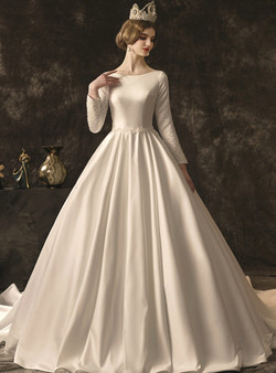 Hot Sale White Ball Gown Satin Long Sleeve Appliques Beading Wedding Dress With Train
