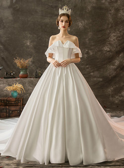 Impressive White Ball Gown Satin Off the Shoulder Lotus Leaf Edge Wedding Dress With Train