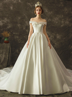 Attractive White Satin 3/4 Sleeve Backless Wedding Dress With Train
