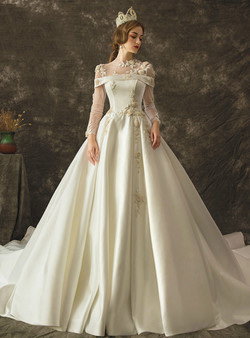 Fashionable White Satin Long Sleeve Long Sleeve Wedding Dress With Beading With Train Fashionable White Satin Long Sleeve Long Sleeve Wedding Dress With Beading With Train