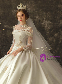 Fashionable White Satin Long Sleeve Long Sleeve Wedding Dress With Beading With Train Fashionable White Satin Long Sleeve Long Sleeve Wedding Dress With Beading With Train