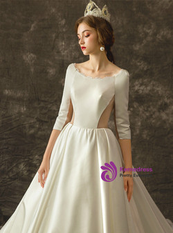Fancy White Satin Half Sleeve Hollow Out Wedding Dress With Train