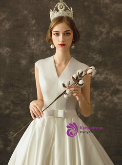 Fairy Tale White Ball Gown Satin V-neck Sleeveless Wedding Dress With Train