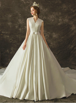 Fairy Tale White Ball Gown Satin V-neck Sleeveless Wedding Dress With Train