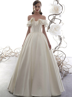 Simple Ivory White Satin Off the Shoulder Corset Floor Length Wedding Dress