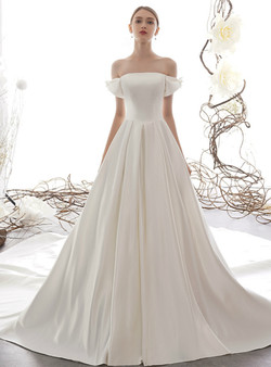 Simple White Ball Gown Satin Off the Shoulder Long Wedding Dress