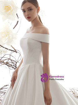 Elegant White Ball Gown Satin Off the Shoulder Wedding Dress With Train