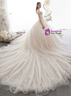 Light Champagne Ball Gown Tulle Sequins Off the Shoulder Wedding Dress 