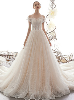 Champagne Ball Gown Tulle Sequins Lace Off the Shoulder Appliques Wedding Dress