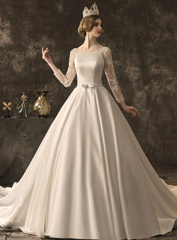 Elegant White Ball Gown Satin Long Sleeve Wedding Dress With Beading 