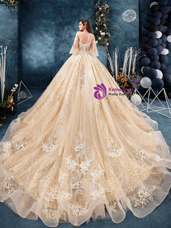 Delicate Champagne Tulle Sequins Off the Shoulder Butterfly Sleeve Appliques Wedding Dress