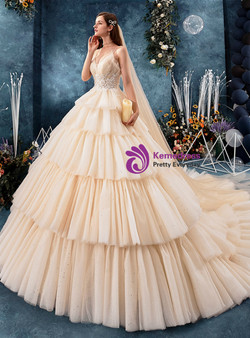 Attractive Champagne Tulle Spaghetti Straps Lace Appliques Backless Wedding Dress