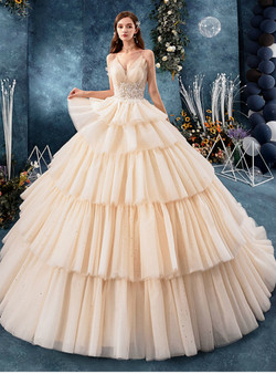 Attractive Champagne Tulle Spaghetti Straps Lace Appliques Backless Wedding Dress