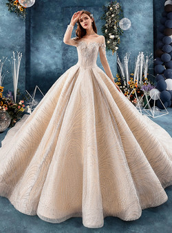 Impressive Champagne Tulle Long Sleeve Backless Appliques Wedding Dress With Beading