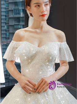 Ivory White Ball Gown Tulle Sequins Off the Shoulder Appliques Wedding Dress With Train Ivory White Ball Gown Tulle Sequins Off the Shoulder Appliques Wedding Dress With Train