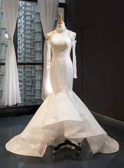 Sexy Ivory White Mermaid Long Sleeve Backless High Neck Tulle Sequins Wedding Dress