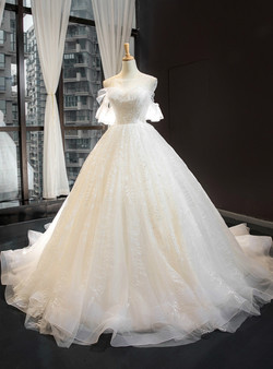 Ivory Ball Gown White Tulle Backless Appliques Wedding Dress With Train