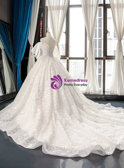 White Ball Gown Tulle Star Embrodiery Lace Backless Luxury Wedding Dress